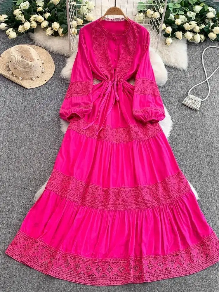 Mulheres francês rendas retalhos vestido primavera verão em torno do pescoço manga comprida vestidos vintage abotoado cordão em camadas robe