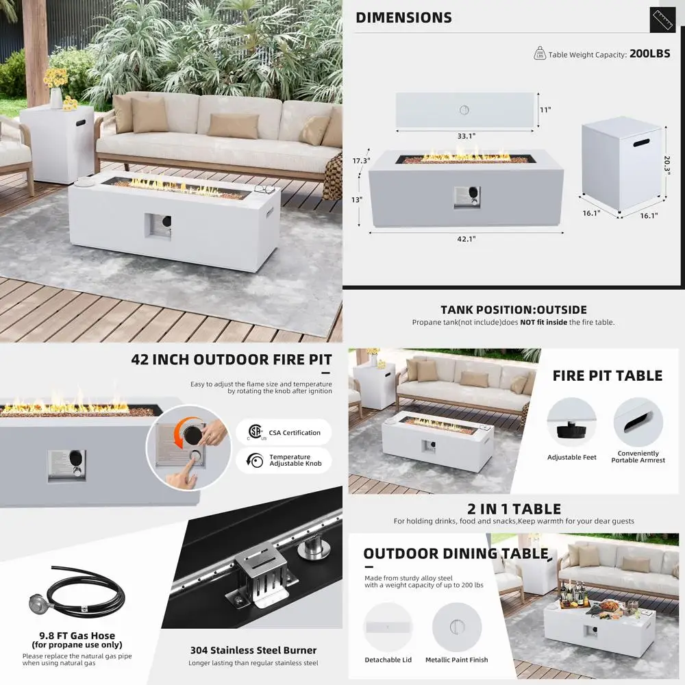 

Стол для костра на пропане на открытом воздухе, 42-дюймовый прямоугольный стол с разрешением 50 000 БТЕ, железный дизайн, скрытый бак, съемный для использования в патио