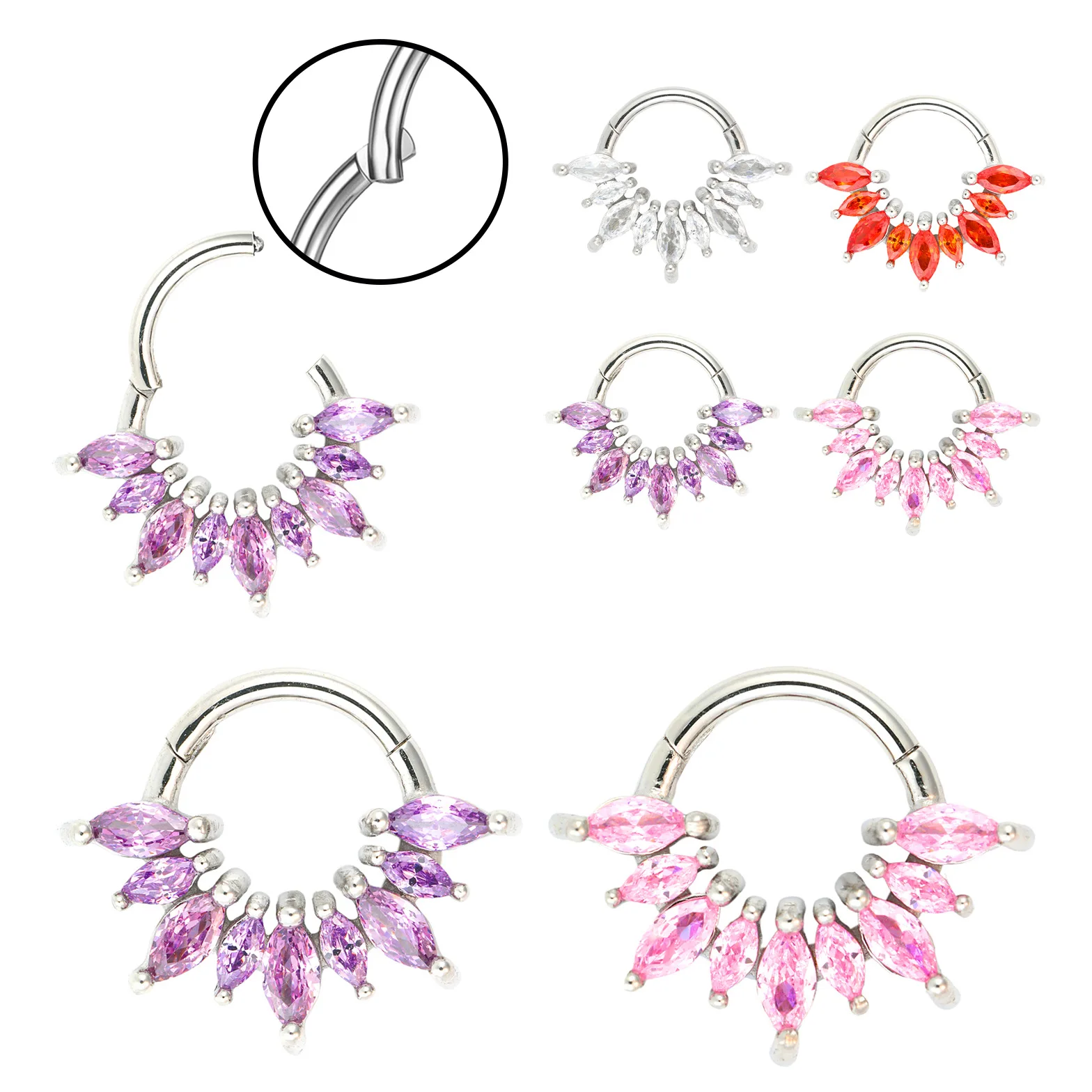 1/4 Pcs 316 Stainless Steel Closed Hinge Inlaid Purple, Pink, White, Orange 5A Zircon Pierced Nose Ring Earrings