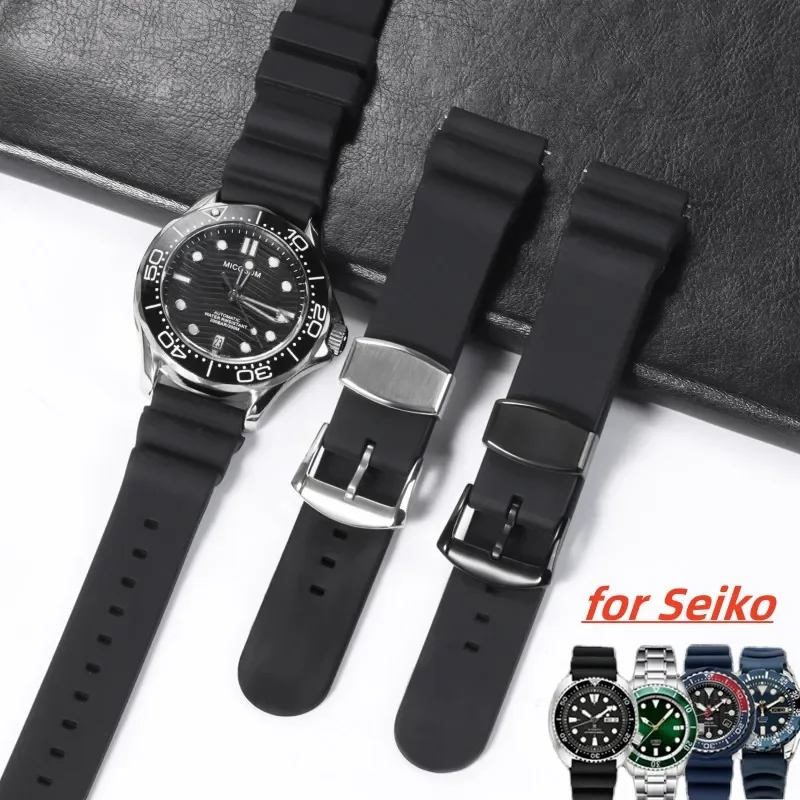 20mm 22mm Silicone Watch Band for Seiko No. 5 SKX007 SKX009 Prospex Waterproof Diving Watch Strap Metal Ring Keeper Pin Buckle