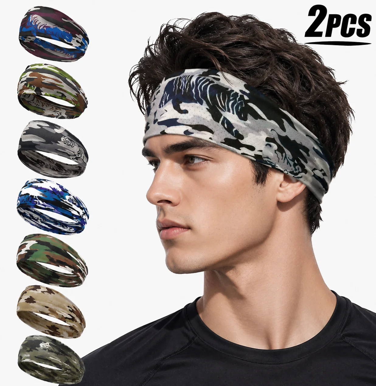 

2pcs Camo Sports Headband, Stretchy Breathable Sweat-wicking Head Wrap for Running, Fitness, Yoga