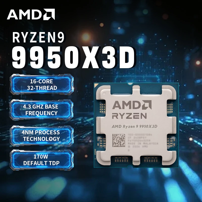 

AMD Ryzen 9 9950X3D CPU Processor AM5 Socket 16 Cores 32 Threads 3D Rendering High-Performance Processor