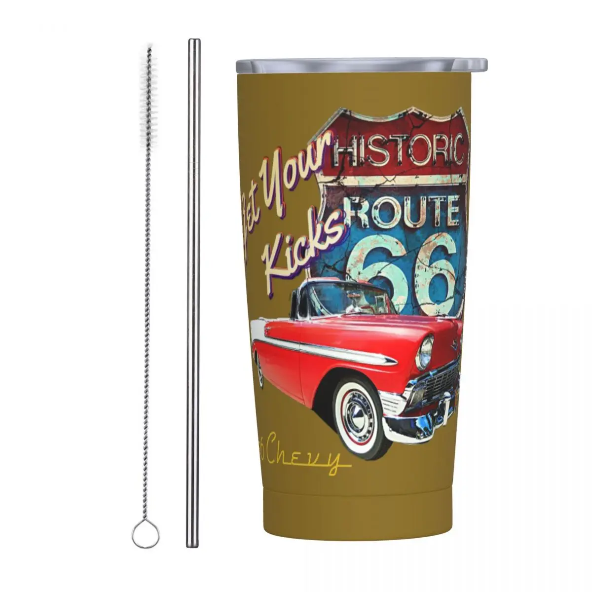 1956 Chevy-Bel Air Car Street Hot Rod Antique - Route 66 Stainless Steel Tumbler Vacuum Insulated Mug Thermal Cold Cup Straws