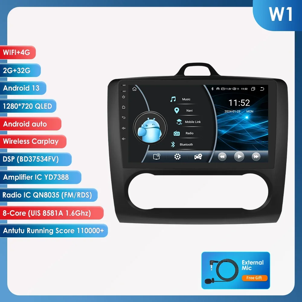 Hizpo 2din 9Inch Android13 Autoradio Voor Ford Focus 2 Mk2 2004 - 2011 Auto Ac Carplay Gps Navi Bt 4G Rds Dsp Swc Ui8581 Headunit