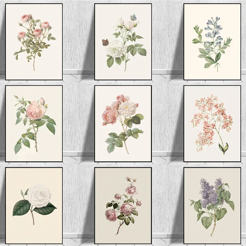 Pósteres botánicos florales antiguos con rama Lila y rosa Vintage, impresión en lienzo, imagen artística de pared para sala de estar, regalo de decoración del hogar