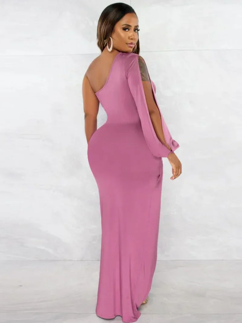 KEXU-Vestido largo ajustado de manga larga con cuello oblicuo, vestido Sexy con abertura lateral alta para fiesta nocturna, ropa de discoteca, vestidos largos para mujer