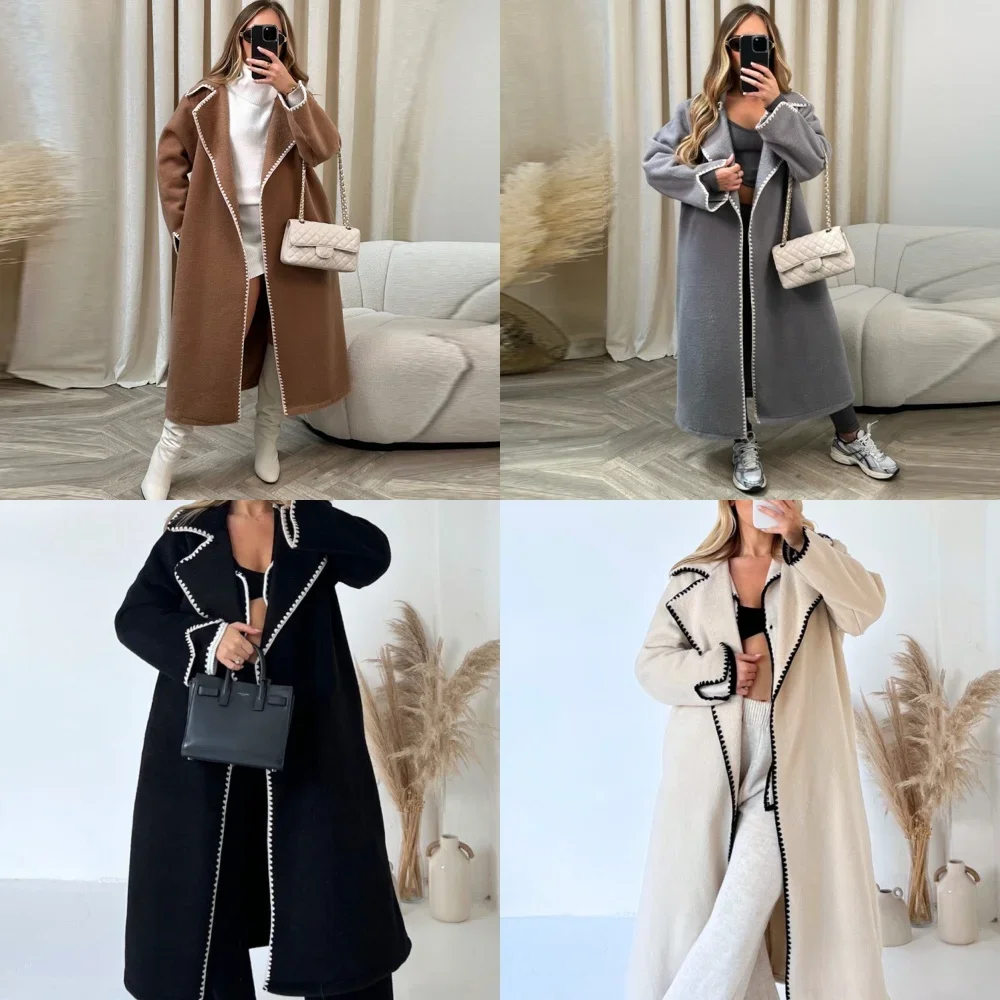 

Vintage Patchwork Coat for Women Autumn Winter Elegant Lapel Lady Coats with Belt Pocket Long Sleeve Female Outwear