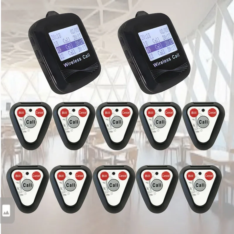 

QWICALL 2 Watch Receiver Pager 10 Call Button Wireless Restaurant Calling Service Waiter Buzzer Queue System for Hotel