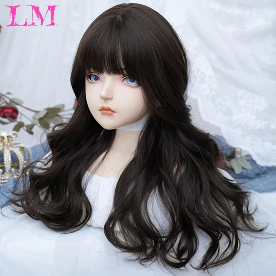 LM Synthetic Long Black Brown Wigs With Bangs for Women Long Wavy Hair Wig Natural Cosplay Party Heat Resistant