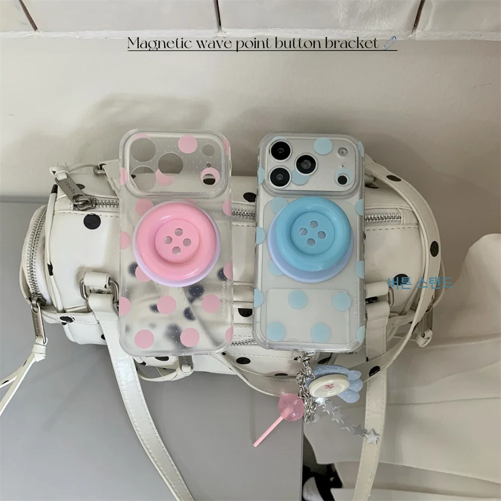 Korea Polka dot button holder Magnetic Phone Case for iPhone 15 Pro 16 17 Pro Max Cover Cartoon Cute Cases for Magsafe Funda