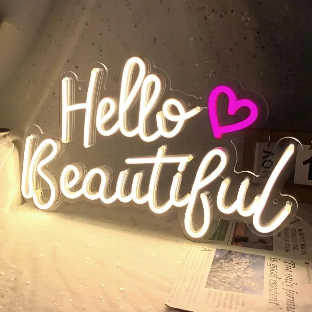Hello Beautiful Neon Sign for Wall Decor LED Neon Light Sign for Room Bedroom Man Cave Party Decor Gift for Friend USB Powered
