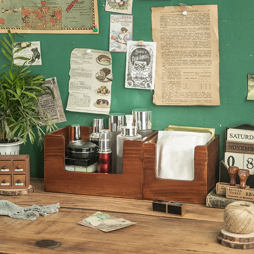 

2pcs Wooden Storage Box Retro Desktop Organizer For Desk Sundries Bathroom Makeup Wood Storage Case Tabletop Organizer