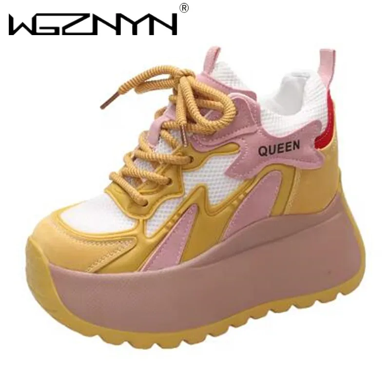 Kobiety Casual Leather Sneaker Autumn Lace up 10CM High Platform Shoes Thick Sole Sport Dad Shoes Woman Sneakers Chaussure Femme