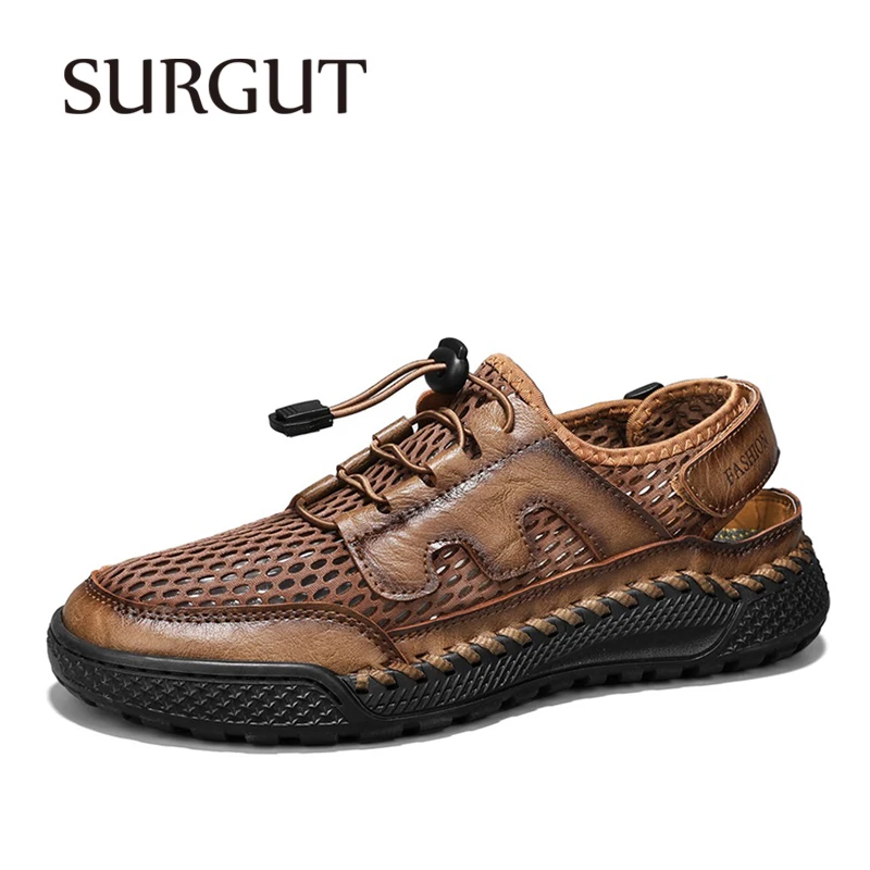 

SURGUT Summer Men's Shoes Breathable Mesh Fabric Upper Elastic Band Hook-Loop Wear-Resistant Street Retro Style Big Size 39-47