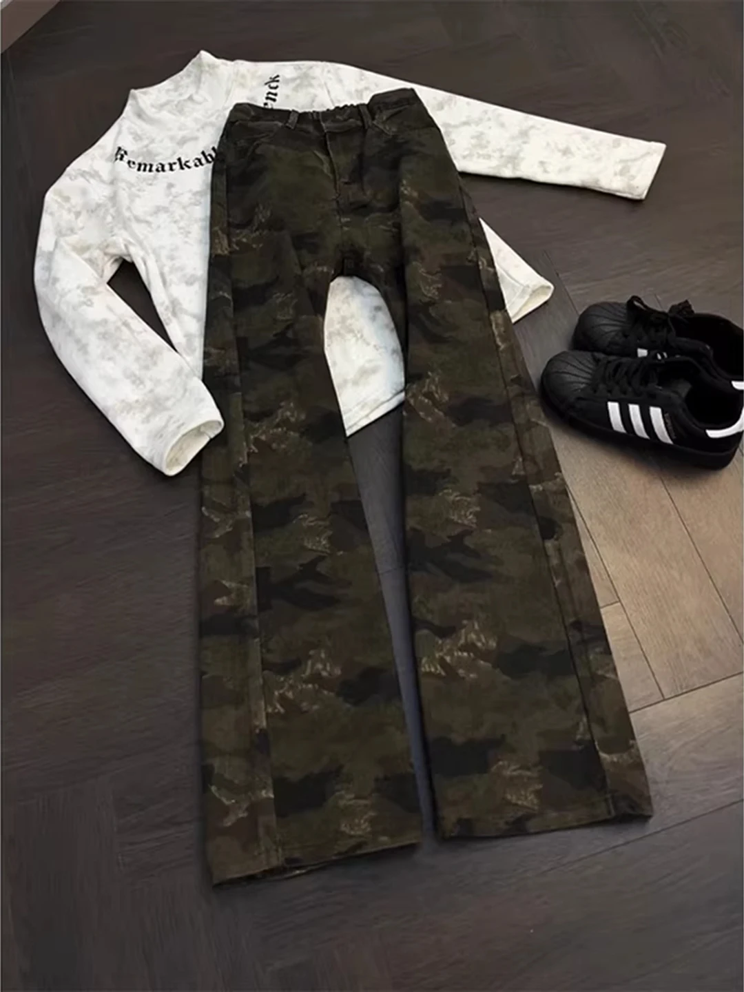 

Камуфляжные рабочие брюки Cleanfit с высокой талией, джинсы-клеш для девочек-подростков, прямые джинсовые брюки, износостойкие