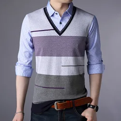 Autumn and Winter Turn-down Collar Men's Shirt Collar Fashion Casual Polo Button V-neck Knitted Bottom Sweater Clothing Tops