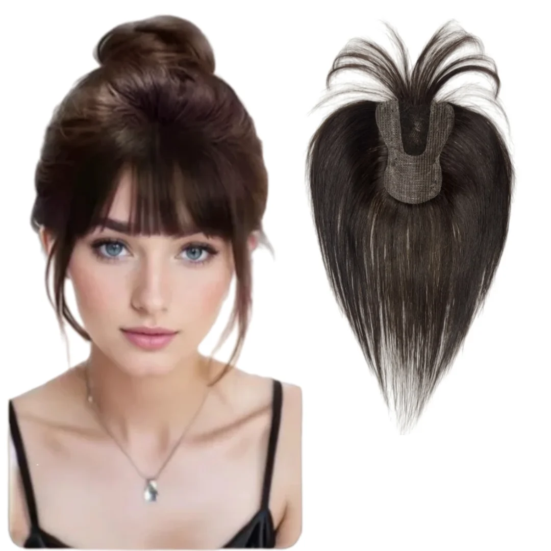 

Magic Paste Human Hair Bangs Topper No Clips Seamless Invisible Hair Piece for Women Thinning Hair Loss Natural Daily Wear