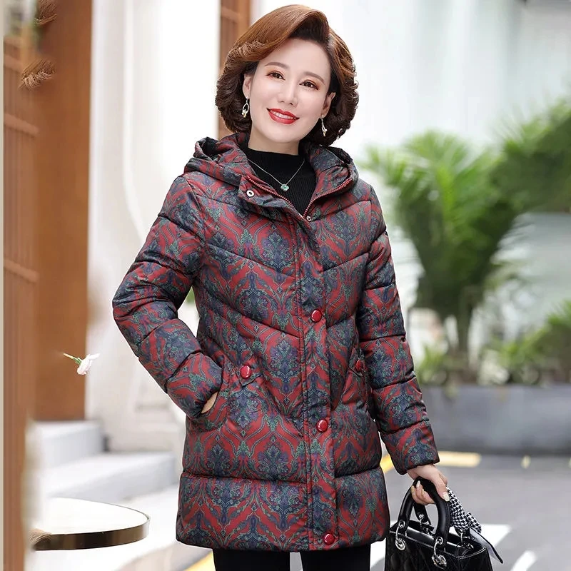 

Middle-Aged and Elderly Women's Cotton Coat New 2022 Winter Jackets Fashion Warm Hooded Print Padded Jacket Parkas Female 5XL