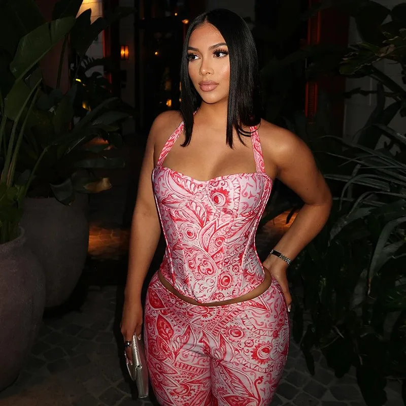 

Summer Women's Clothing Abstract Print Backless Crop Top Bodycon Long Pants Two Piece Set Woman Polyester Milk Silk Streetwear
