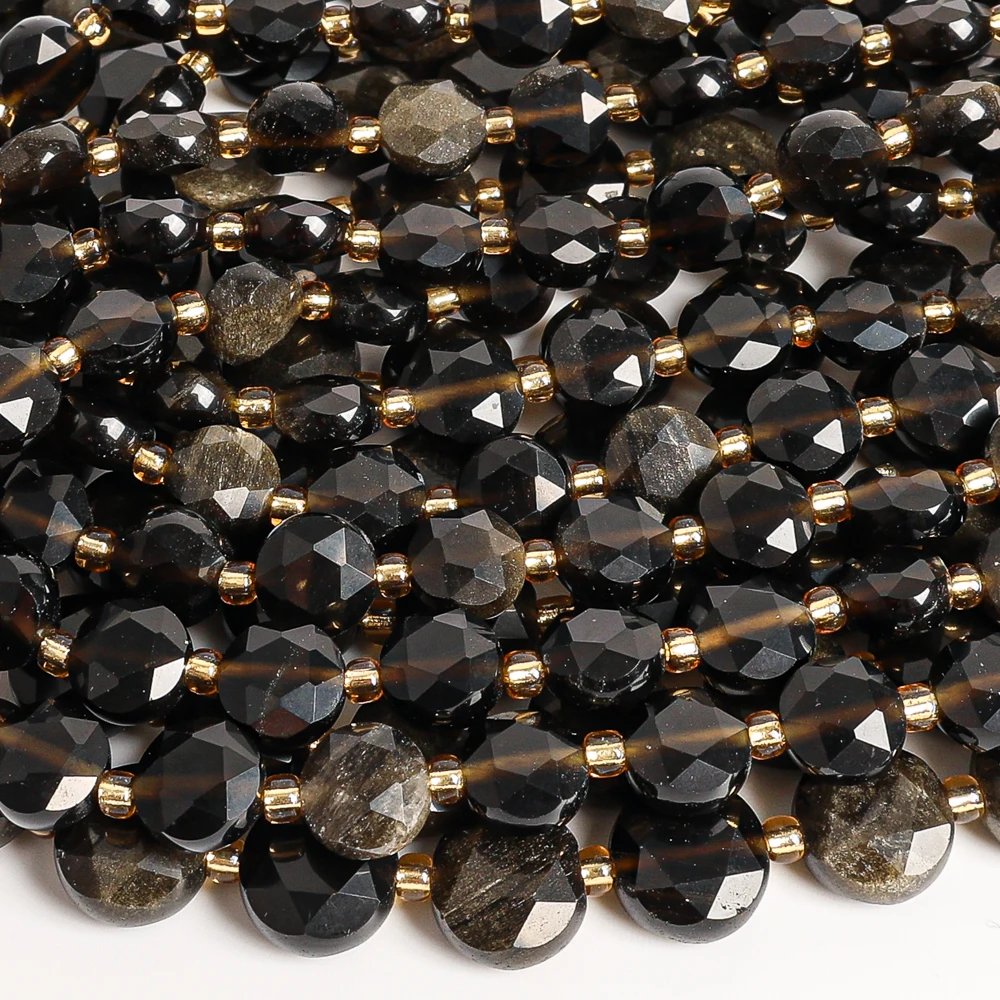 8MM 10MM NATURAL GOLD OBSIDIAN FACETED COIN SHAPE BEADS LOOSE BEADS DIY JEWELRY MAKING BRACELET NECKLACE ACCESSORY HANDMADE GIFT