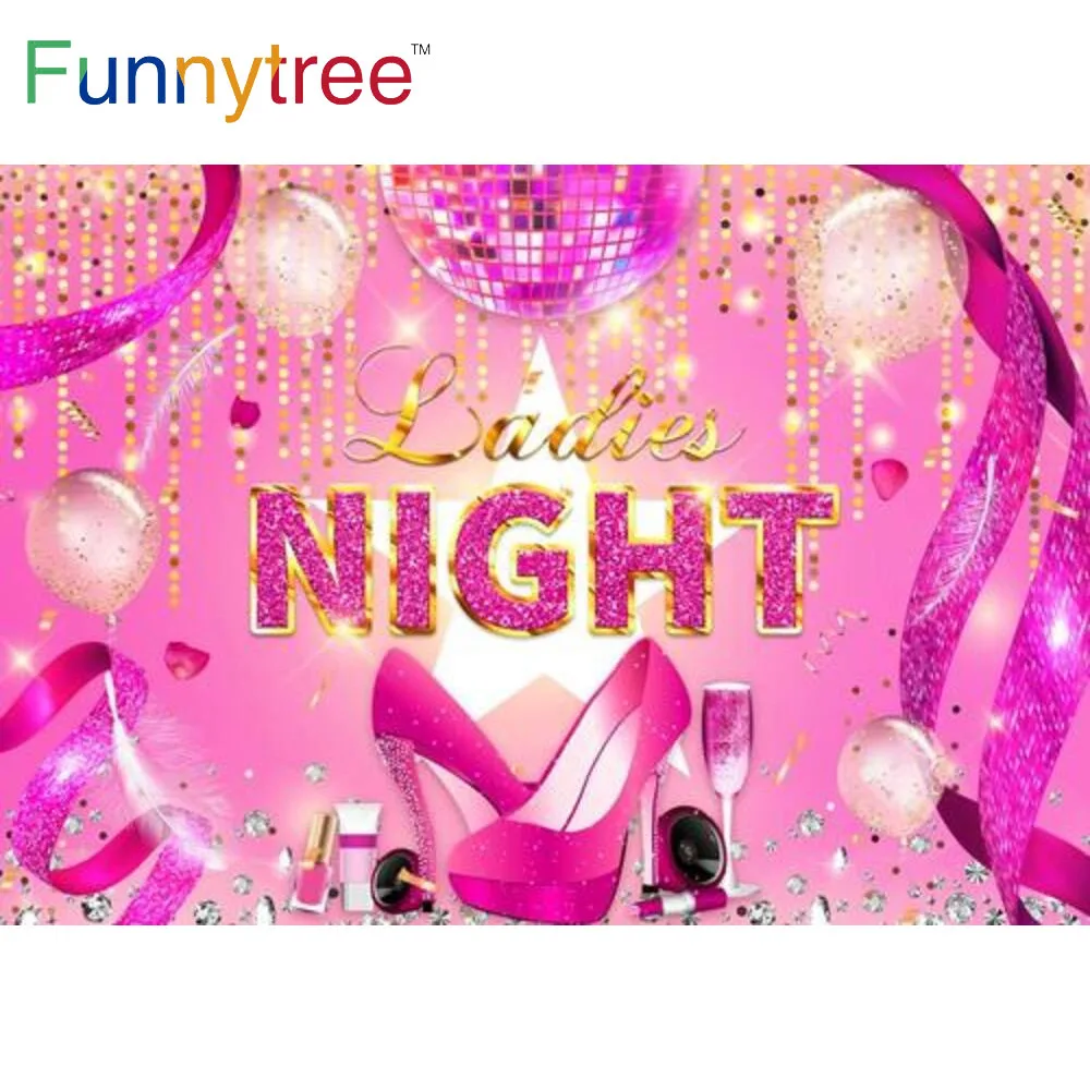 

Фон Funnytree для дамской вечеринки с розовыми блестками на высоком каблуке шампанские воздушные шары диско винтажный тематический фото реквиз...