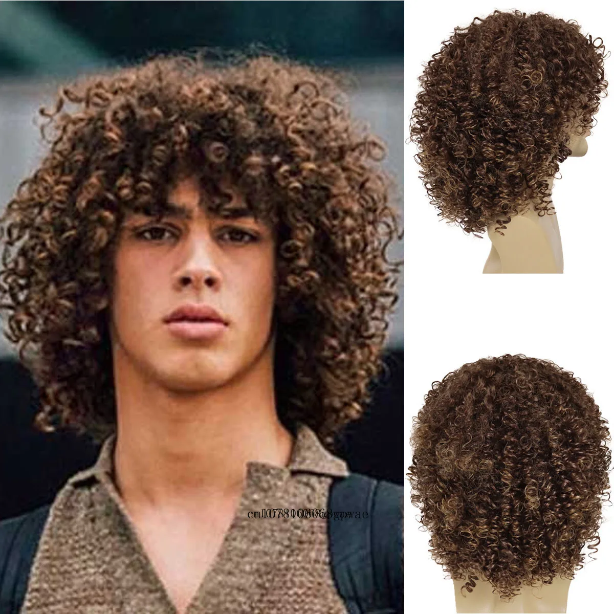 Afro kinky encaracolado perucas para homens peruca sintética marrom com franja natural fofo elástico de alta temperatura fibra homem diário cosplay