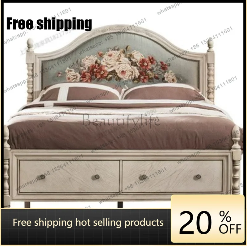 Zj. American retro solid wood drawer storage bed simple light luxury pastoral print bed