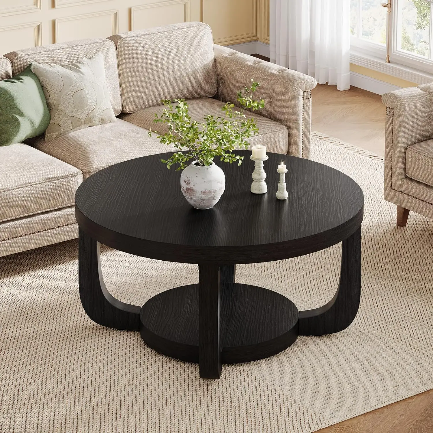 Mesa de Café Redonda, Mesa de Café Circular de 2 Níveis com Armazenamento, Mesa de Centro Moderna de Madeira para Sala de Estar, Personalizada