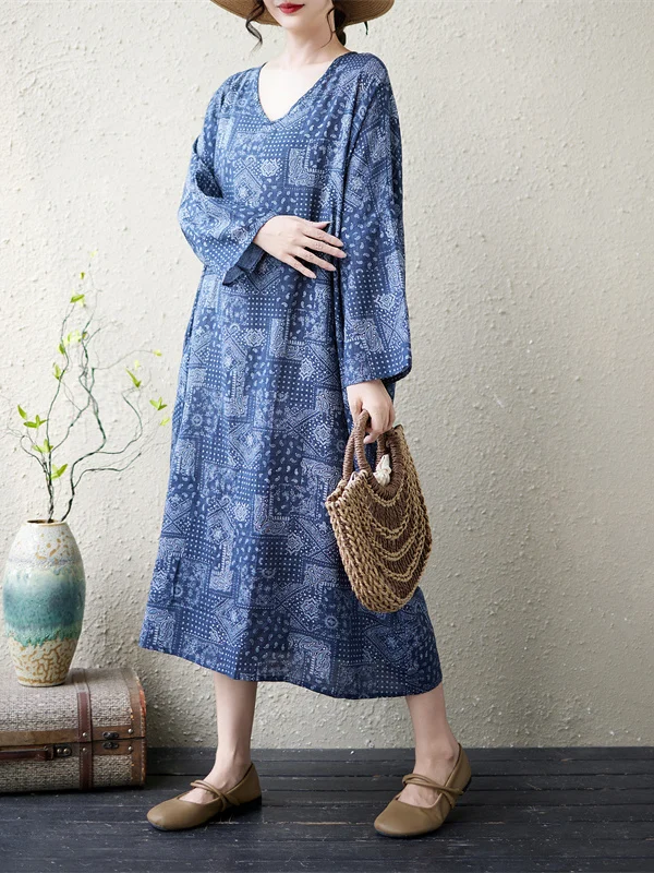 Loose V-Neck Midi Dress Autumn Fashion Layering Artistic Style plus Size Women's Dress Cotton Polyester Straight Cut Citywalk