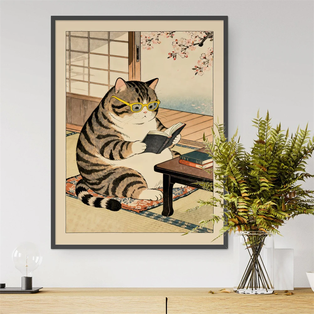 Funny Cat Reading Print Ukiyo-E Style Bathroom Poster Japanese Art Book Lover Cat Illustration Canvas Painting Reading Wall Art