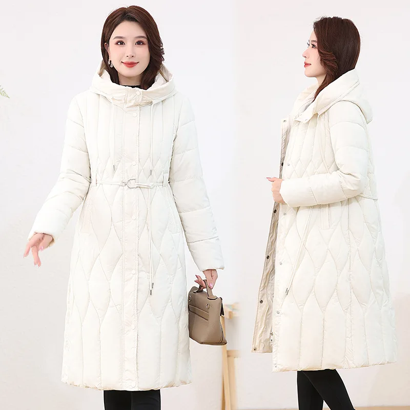 Women Long Parkas Coats Hooded Overcoat Solid Drawstring Waist Zipper Loose Fit Thick Office Lady Casual 2025 Autumn Winter