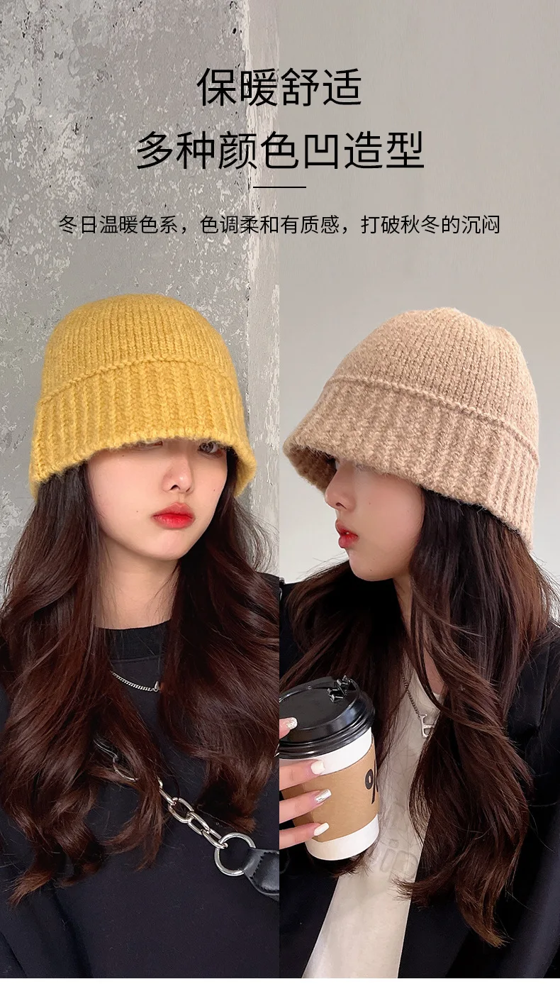 Women and Youth Girls Winter Bucket Hat Fashion Knit Y2K Beanie Cap Solid Color Warm Crochet Bonnets