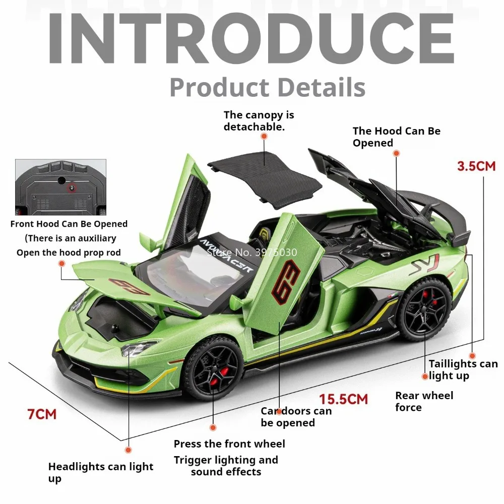 1:32 Scale Alloy SVJ63 Models Toys Diecast Car Wheel Pull Back Miniature Sports Vehicle with Light Music Vehicles Hobby Ornament