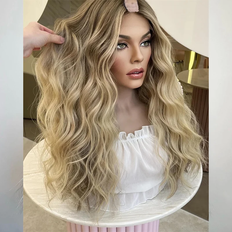 Glueless U Part Wig Human Hair ASH Blonde Highligths Balayage Roots wavy Wig V Part Wig 100% Virgin Human Hair Wig for Women