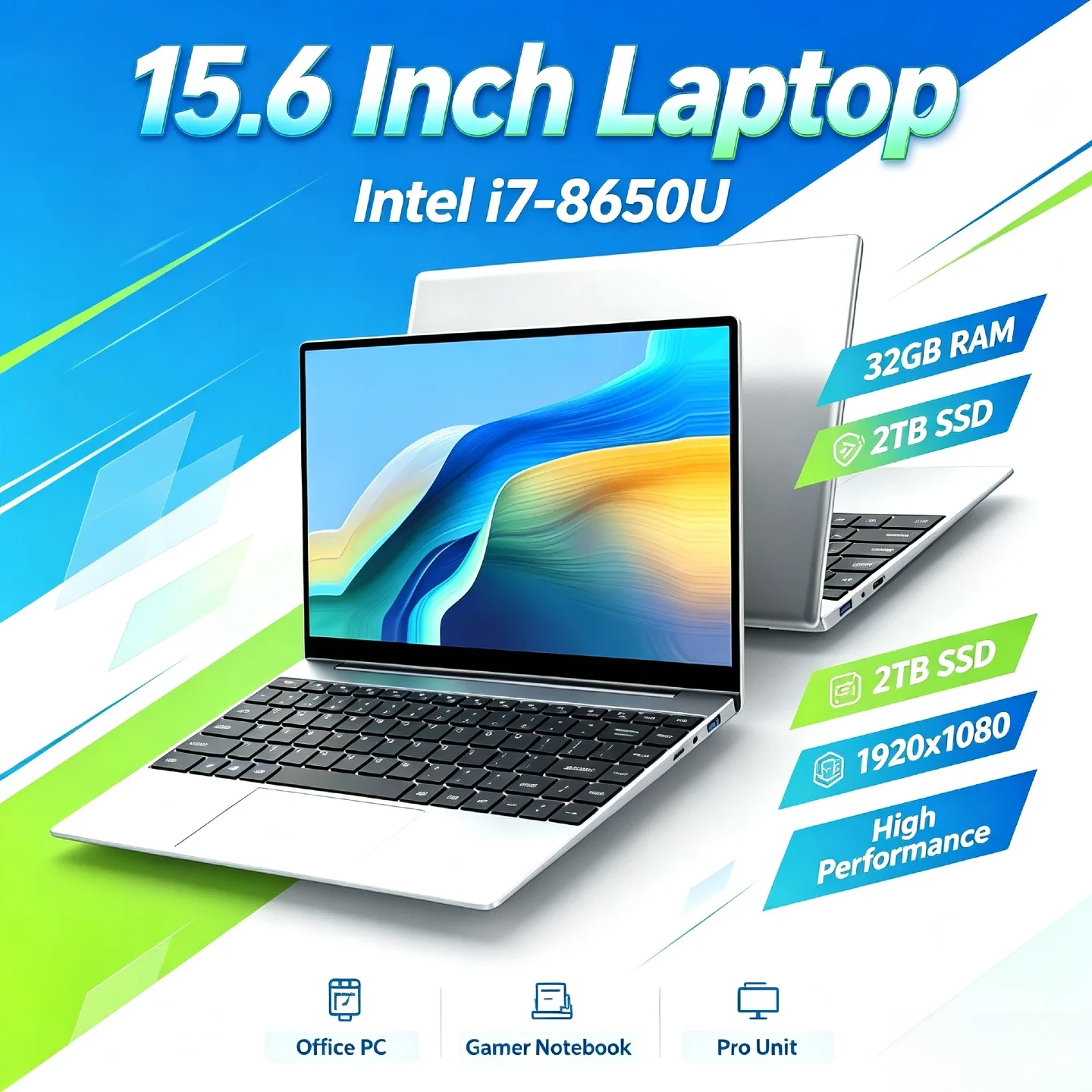 Intel i7 8650U 32GB RAM 2TB SSD 1TB SSD 15.6 Inch Laptop 1920x1080 Gamer Notebook Office PC High Performance Pro Unit