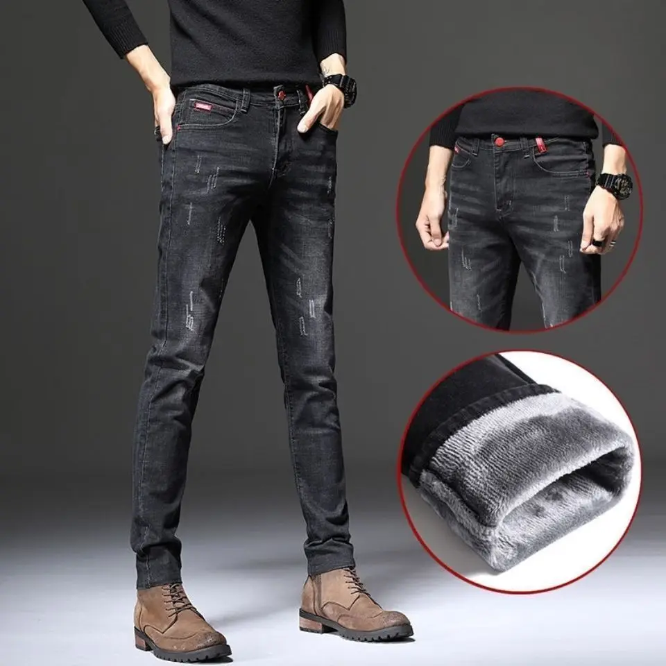 

Мужские джинсы больших размеров с начесом, эластичные, облегающие, в корейском стиле, модные, длинные, для зимы, повседневные