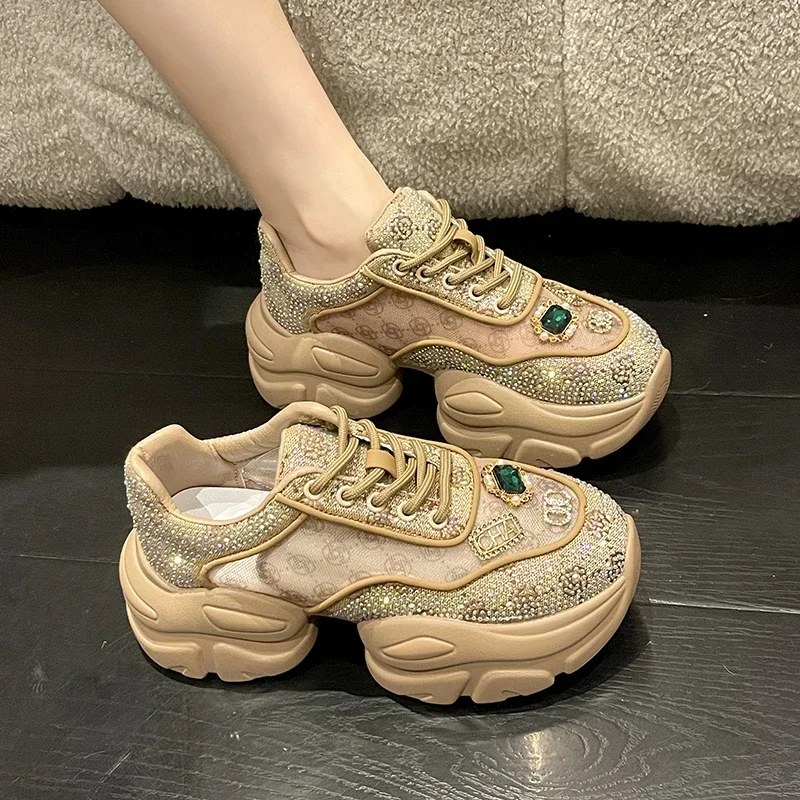 Women Luxury Shoes Vulcanized Sneakers Bling Rhineston Wedges Thick Bottom Platform Lace Up Comfortable Casual Shoe For Female