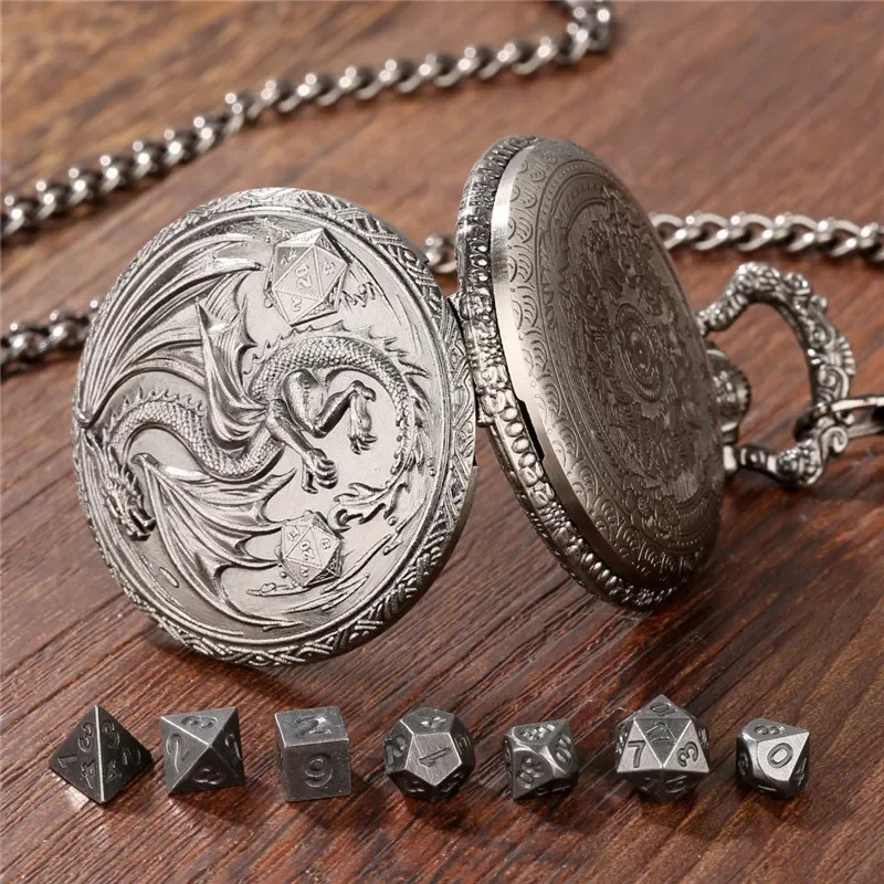 Creative Dragon Wings with D20 Dice Pocket Watch Case Fob Chain with 7 X Mini Size Metal Polyhedral Dice RPG Table Board Game