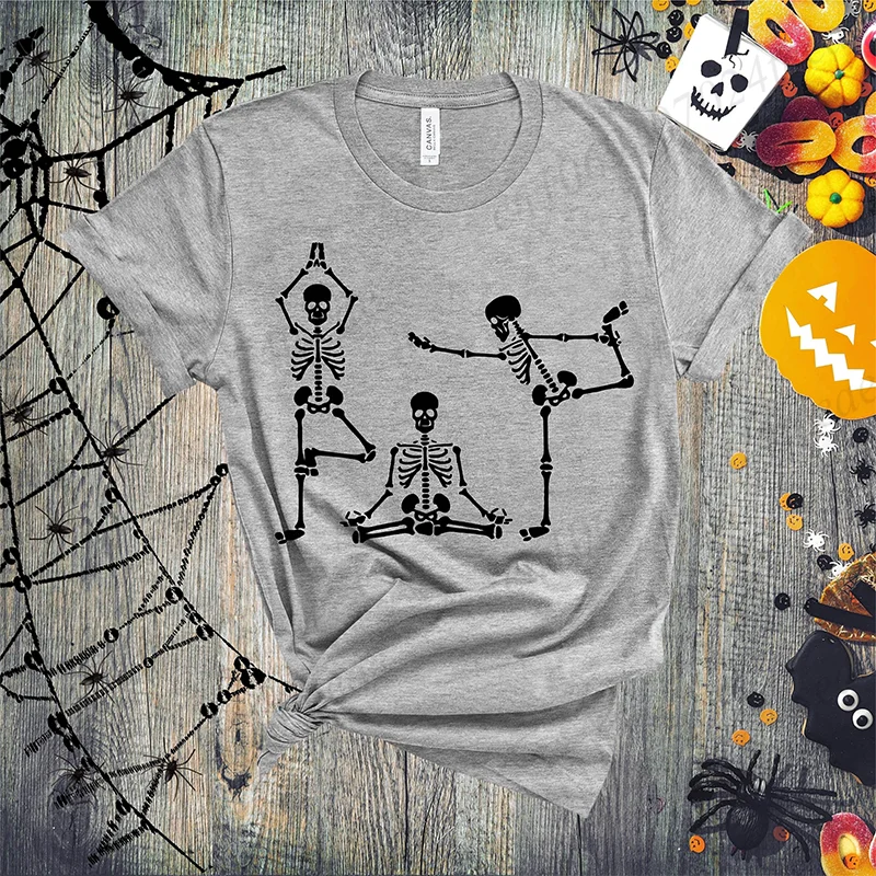 Skeleton Yoga Shirt, Skeleton Funny Halloween T-shirts, Horror Spooky Season Tshirt, Women's Tops Tees Clothing Short Sleeve