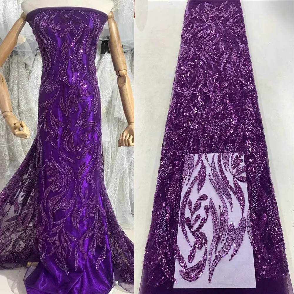 

French luxury sequined heavy industry beaded tube embroidery African high-quality mesh embroidery fabric dress dance fabric