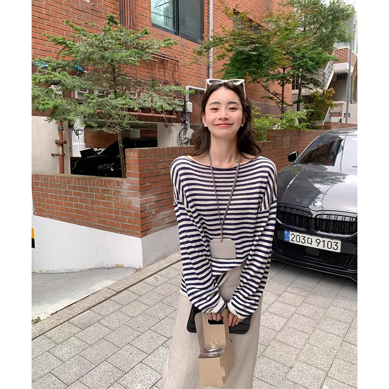 

Loose Long Sve Women's Knitwear Casual Sle Striped Color Blo Dongda Gate Autumn Faion plus Size Slimming Top