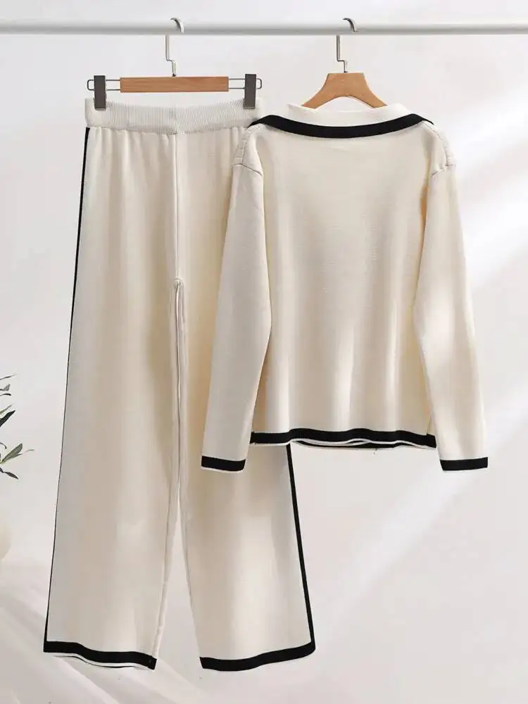 Herbst Damen Strickset 2 Stück Retro Zweireiher Strickjacke Pullover weites Bein Hose zweiteiliges profession elles Set für Frauen