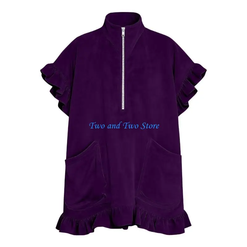 HX6F Women Short Sleeve Ruffle Sweatshirt   Zipper V Neck Oversized  Dress Blouse, Loose Casual Tshirts