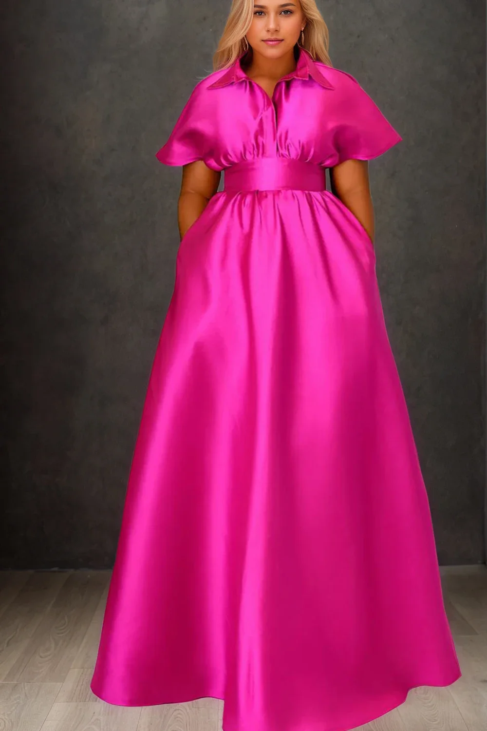 Women Satin Elegant Maxi Dress Turn Down Collar Solid Pleated Pockets A-Line Vintage Casual Party Evening Plus Size Long Dresses