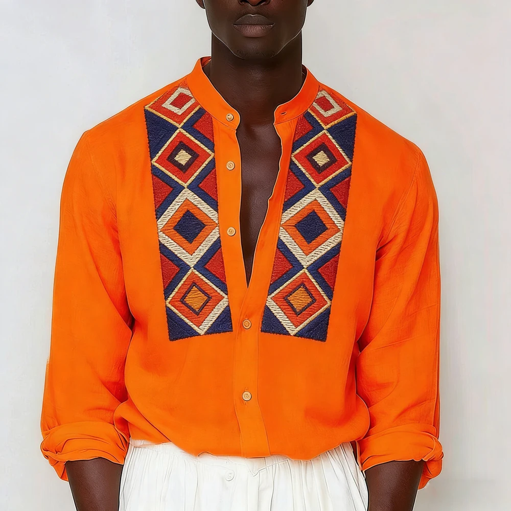 Men's Colorful Personality Performance Character 3D Printed Shirt Hawaiian Tropical Long-sleeved Stand Collar Outdoor Clothes