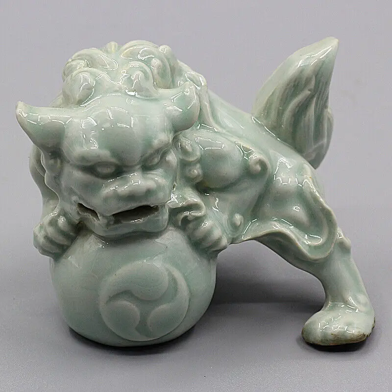 Porcelana china Song Hutian Kill Celadon, estatua de Foo Fu, perro, León, exhibición decorativa, regalo coleccionable, 3,54 pulgadas