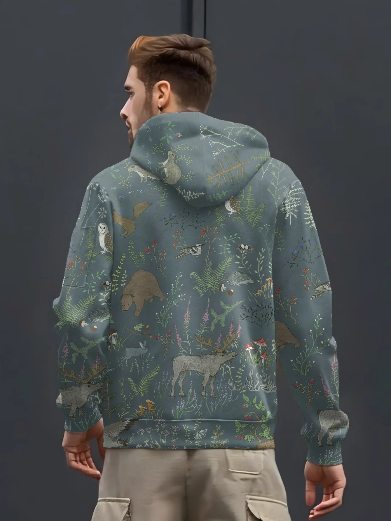 Men's Nature Scene Forest Print Hoodie Fashion Animal And Plant Pattern Long Sleeve Casual Top Trendy Apparel For Daily Wear