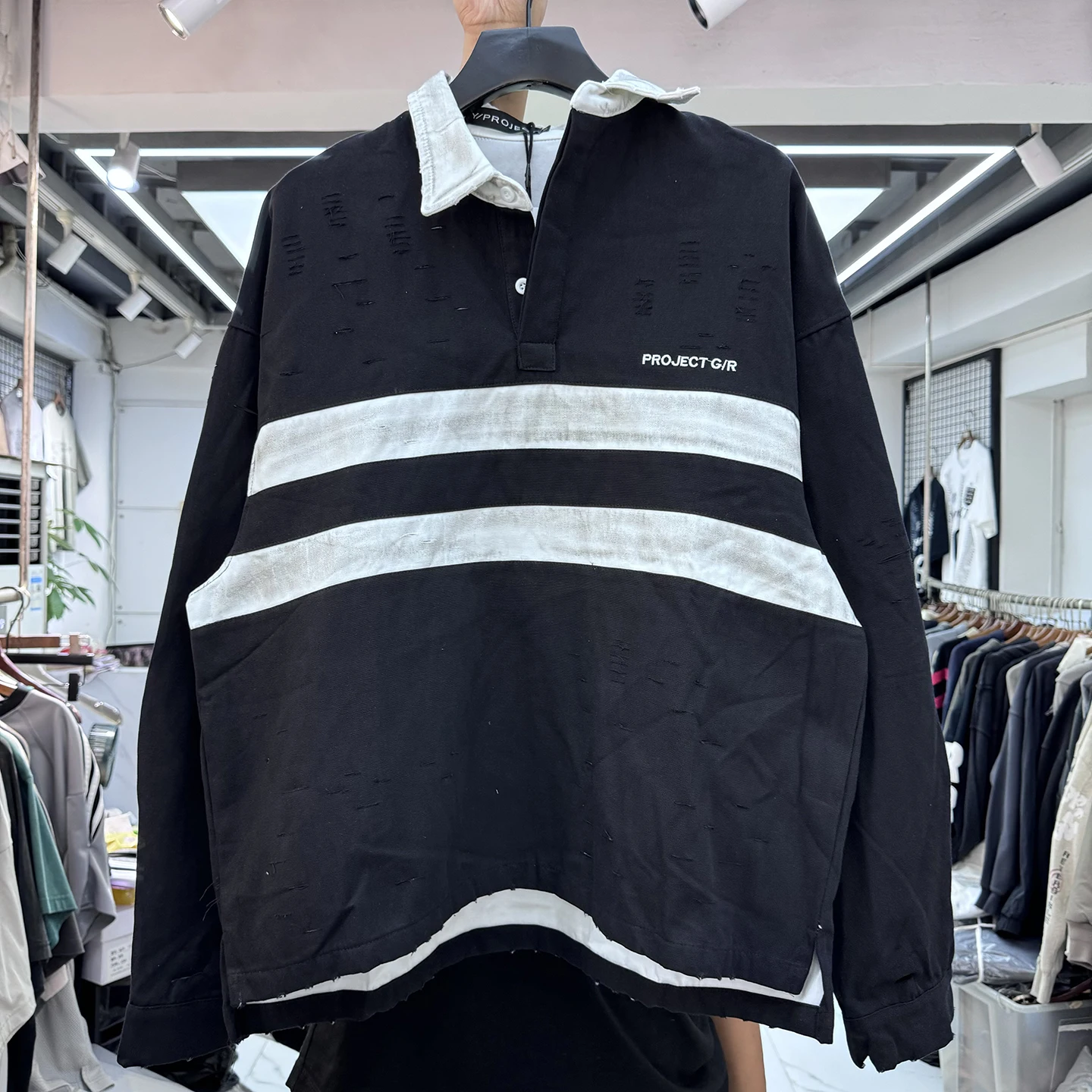 

Retro American irt Long Sve Loose Casual Striped Embroidery Irregular Cuffed Sweatirt for Men And Women