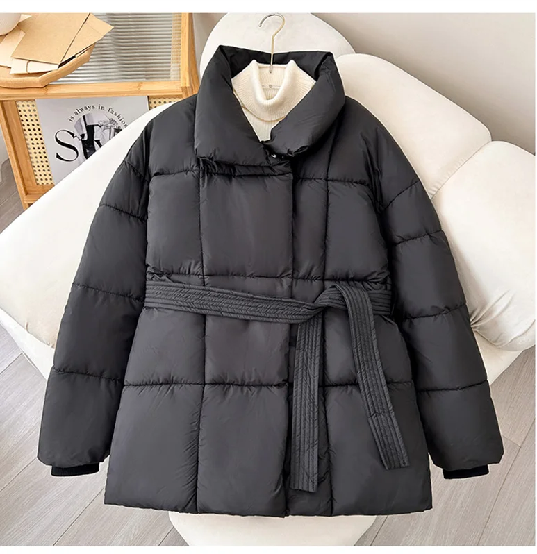 Advanced with Waist Cinching Tie Up Black Cotton Jacket Women's 2026 Winter New Korean Version Stand Collar Coat Female Parkas