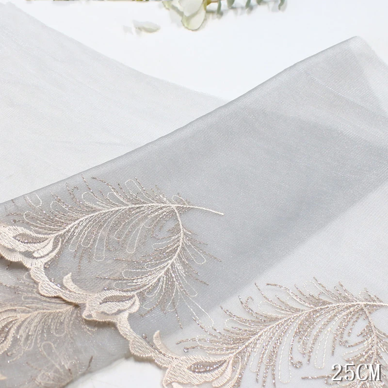 

32 ярда серебристо-серой кружевной тесьмы с вышивкой в форме перьев для одежды, аксессуаров, платьев, шитья, аппликаций, костюмов, кружевной ткани